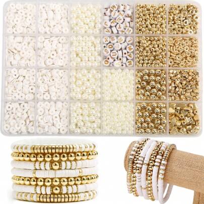 1 Box White Soft Polymer Clay Bead Necklace & Bracelet Making Kit, 15/24 Summer Jewelry Grid Set, 4mm 6mm 8mm 10mm Faux Pearl For Friendship Jewelry Making, DIY Beading Decor, Spacer Beads, Suitable For 8-12 Years Old Girls, Ideal Gift For Holidays