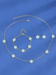 4pcs/Set Luxury Five-Petal Flower Shape Copper Necklace, Bracelet, Earrings Set With Micro-Inlaid , For Women, Dating, Engagement, Wedding, Valentine's Day Gift Valentines,Mom,Mother,Mother's Day,Gift