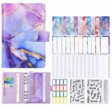 帶拉鍊信封的預算夾，A6儲蓄現金信封用於預算，PU皮革筆記本組織者帳單，A6預算筆記本，具銀箔財務筆記本的儲蓄書 - 紫色 - 查看 1