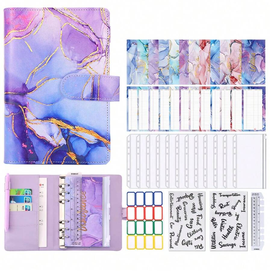 帶拉鍊信封的預算夾，A6儲蓄現金信封用於預算，PU皮革筆記本組織者帳單，A6預算筆記本，具銀箔財務筆記本的儲蓄書 - 紫色 - 查看 1