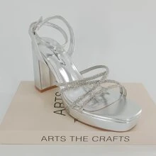 Sandalias de tacón alto grueso con rhinestones, estilo romano, cómodas para fiesta/vacaciones, ideales para fiestas y clubes, de moda para mujer - Plateado - Ver 7