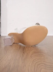 Sandalias de tacón alto para mujer, nuevos tacones de cristal, transparente con pedrería, correa con hebilla, elegantes zapatos de tacón grueso para verano - Blanco - Ver 6