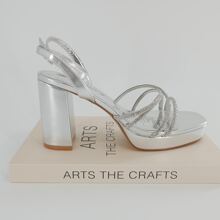 Sandalias de tacón alto grueso con rhinestones, estilo romano, cómodas para fiesta/vacaciones, ideales para fiestas y clubes, de moda para mujer - Plateado - Ver 8