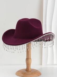1pc Solid Color Unique Personality Sparkling Rhinestone Tassel Hat, With Shewee Cowgirl Hat, Suitable For Girlcore, Vintage, Floral, Spring Summer Bright Colors, Pink Aesthetic, Novel Punk Style Wide Brim BR Street Fashion, 2024 Wedding Essentials, Classy Aesthetic, Dinner Party Essentials, Suitable For Parties, Western-Themed Events, Gatherings, Engagement Parties, Cosplay, Graduation Ceremonies, Masquerades, Festivals, Weddings, Birthday Celebrations, Music Festivals, Coming-Of-Age Ceremonies Halloween