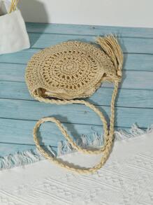 Mori Girl Hand-Woven Beach Fringe Cross-Body Straw Bag - Beige - View 3