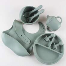 8pcs/Set Baby Silicone Dinnerware Set, Including Feeding Plate, Bowl, Bib, Pacifier Cup, Spoon, Fork And Complimentary Food Set - Army Green - View 6