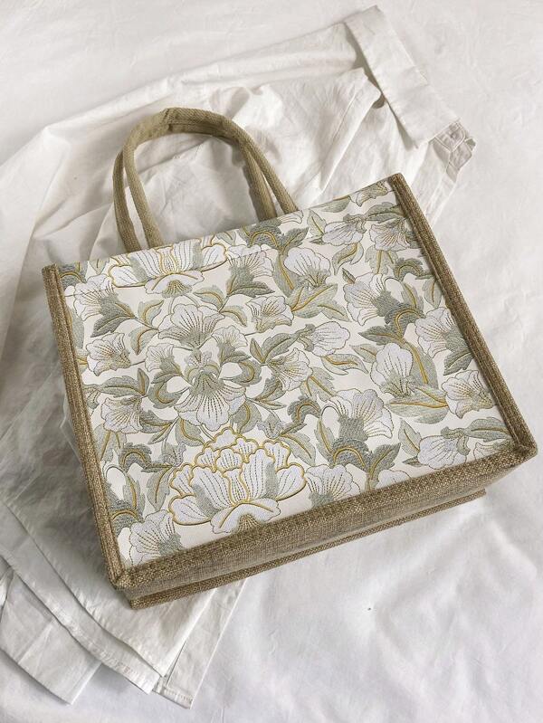 Women's Flower Print Large Capacity Shoulder Tote Bag, Exquisite Floral Bag For Women