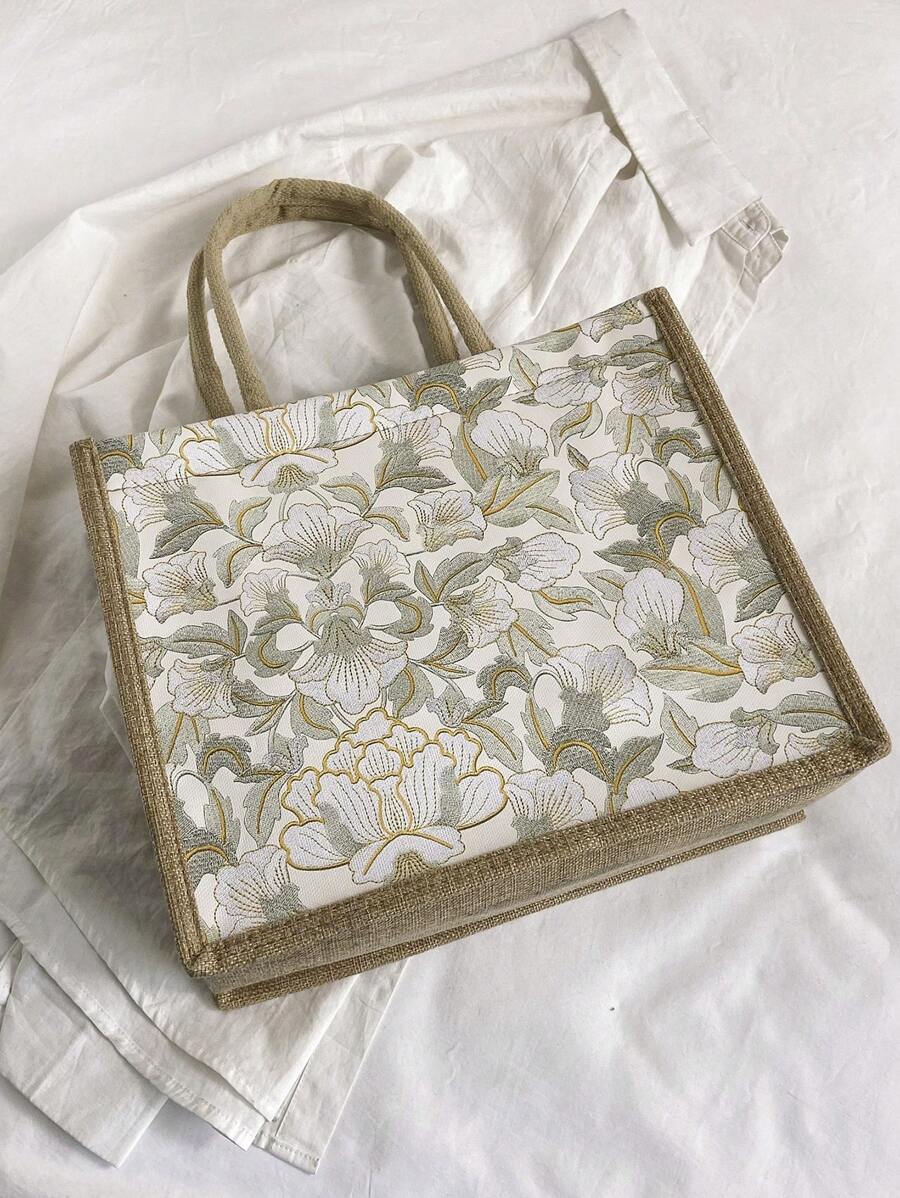 Women's Flower Print Large Capacity Shoulder Tote Bag, Exquisite Floral Bag For Women , Green