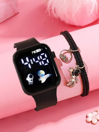 1入方形運動電子手錶和1入宇航員吊墜手鍊