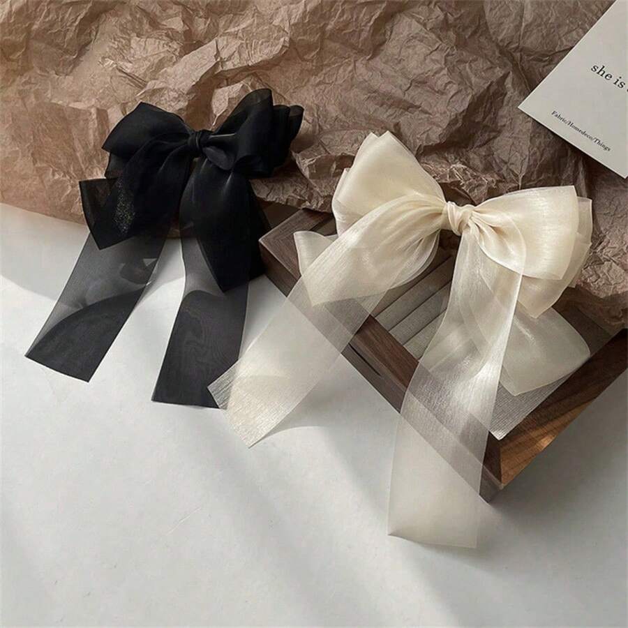 2pcs Elegant Solid Color Chiffon Ribbon Bowknot Shaped Hair Clips Vintage Hair Barrettes For Women And Girls - Multicolor - View 1