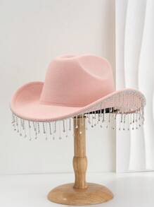 1pc Solid Color Unique Personality Sparkling Rhinestone Tassel Hat, With Shewee Cowgirl Hat, Suitable For Girlcore, Vintage, Floral, Spring Summer Bright Colors, Pink Aesthetic, Novel Punk Style Wide Brim BR Street Fashion, 2024 Wedding Essentials, Classy Aesthetic, Dinner Party Essentials, Suitable For Parties, Western-Themed Events, Gatherings, Engagement Parties, Cosplay, Graduation Ceremonies, Masquerades, Festivals, Weddings, Birthday Celebrations, Music Festivals, Coming-Of-Age Ceremonies Halloween