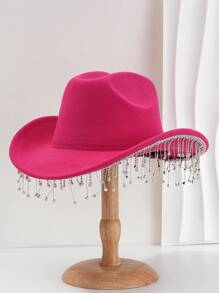 1pc Solid Color Unique Personality Sparkling Rhinestone Tassel Hat, With Shewee Cowgirl Hat, Suitable For Girlcore, Vintage, Floral, Spring Summer Bright Colors, Pink Aesthetic, Novel Punk Style Wide Brim BR Street Fashion, 2024 Wedding Essentials, Classy Aesthetic, Dinner Party Essentials, Suitable For Parties, Western-Themed Events, Gatherings, Engagement Parties, Cosplay, Graduation Ceremonies, Masquerades, Festivals, Weddings, Birthday Celebrations, Music Festivals, Coming-Of-Age Ceremonies Halloween