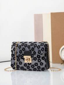 Fashionable Floral Mini Square Bag With Chain Strap And Lock Buckle, Shoulder & Cross-Body Bag - Black - View 2