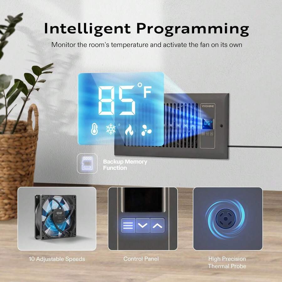 VIVOHOME Quiet Register Booster Fan 4'' X 10'' With Intelligent Thermostat 10Speed Control