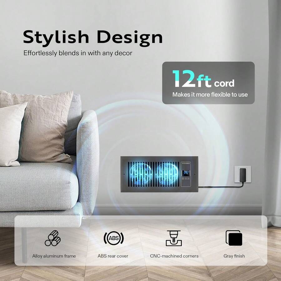 VIVOHOME Quiet Register Booster Fan 4'' X 10'' With Intelligent Thermostat 10Speed Control