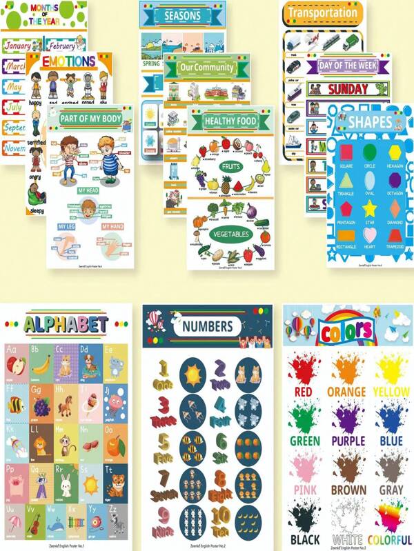 12 piezas Tarjetas didácticas para aprender inglés - Tamaño A4, Decoración para el aula y juguetes educativos, 12 carteles educativos temáticos de inglés, Suministros familiares/escolares, Adhesivos de pared para pensar y aprender, Decoraciones, Inspirar el cerebro, Con elementos temáticos gráficos/letras/números/meses, Resistentes al agua y borrables
