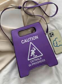 Warning Sign Design Novelty Bag, Faux Leather Crossbody Bag, Creative Stop Sign Purse For Women