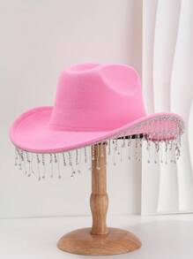 1pc Solid Color Unique Personality Sparkling Rhinestone Tassel Hat, With Shewee Cowgirl Hat, Suitable For Girlcore, Vintage, Floral, Spring Summer Bright Colors, Pink Aesthetic, Novel Punk Style Wide Brim BR Street Fashion, 2024 Wedding Essentials, Classy Aesthetic, Dinner Party Essentials, Suitable For Parties, Western-Themed Events, Gatherings, Engagement Parties, Cosplay, Graduation Ceremonies, Masquerades, Festivals, Weddings, Birthday Celebrations, Music Festivals, Coming-Of-Age Ceremonies Halloween