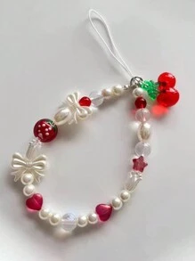 1 件可爱樱桃串珠短手机带，相机带礼物送给母亲、家人、朋友、生日、节日手机饰品、手机链 - 紅色 - 查看 3