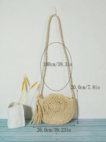 Mori Girl Hand-Woven Beach Fringe Cross-Body Straw Bag - Beige - View 6