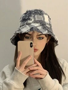 1 chiếc mũ xô kẻ caro chắp vá thời trang xuân hè dành cho cả nam và nữ, có viền tua rua, mũ chống nắng thoáng khí, mũ xô cổ điển, phong cách Nhật Bản cho các hoạt động ngoài trời - Nhiều màu - Xem 2