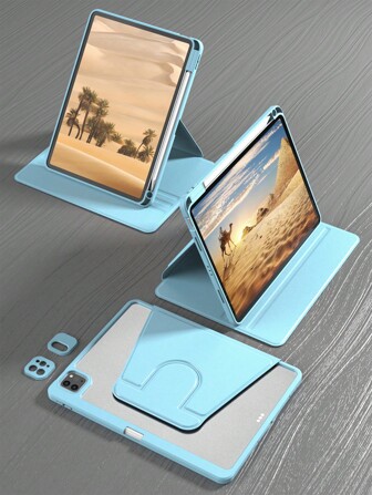 Apple 360 旋转 iPad 保护壳后盖防震高抗压防刮，具有睡眠和唤醒功能，功能兼容内置笔架和灵活视角-淡蓝色