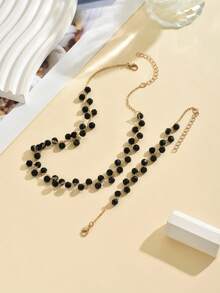 Set de joyería para mujer de 2 piezas con collar de cuentas de cristal negro y estilo bohemio con diseño geométrico - Negro - Ver 2