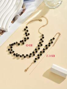 Set de joyería para mujer de 2 piezas con collar de cuentas de cristal negro y estilo bohemio con diseño geométrico - Negro - Ver 3