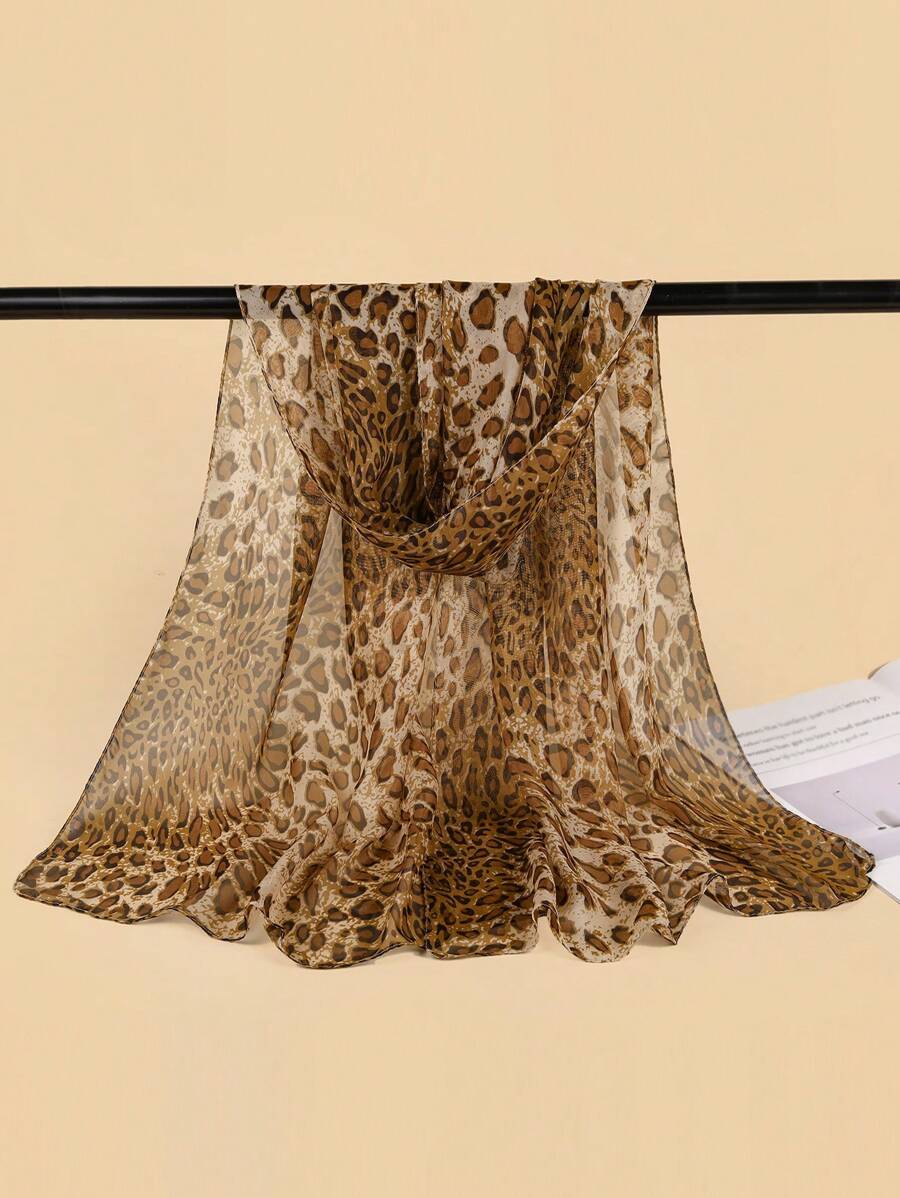 1 件女士春季新品轻薄豹纹雪纺围巾，防晒长披肩，适合日常使用冬季秋季 - 彩色 - 查看 1