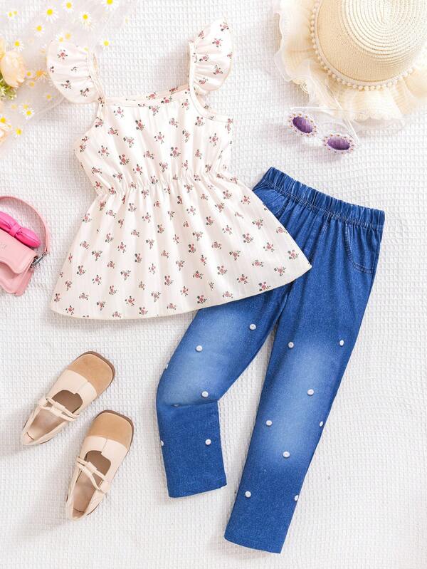 Young Girl Casual Floral Print Ruffle Top And Printed Pants 2pcs Set, Spring/Summer
