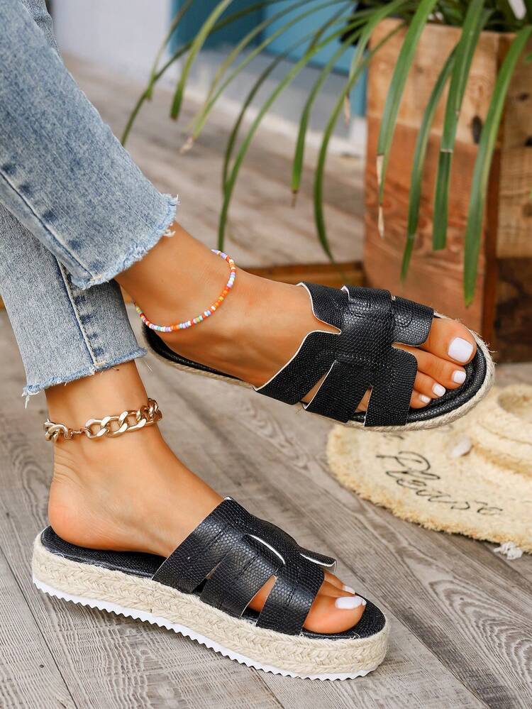 Women's  Rope Bottom Thick-Soled H-Type Embossed Criss-Cross Strap Sandals, Summer Beach Style - Black - View 7