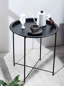 1pc Foldable Coffee Table For Bedroom, Living Room, Balcony With Metal Frame - Black - View 6