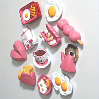 5pcs Cute Pink 3D Simulated Food Refrigerator Stickers - Eggs, Milk, Coffee, Etc. - Creative Home Kitchen Decoration