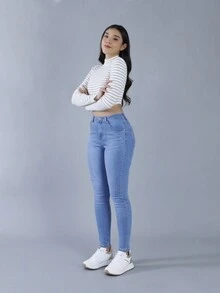 FINTI Jeans ajustados de talle alto y bolsillos. Pantalones skinny para mujer, vístete cómoda y con estilo - Azul lavado medio - Ver 3