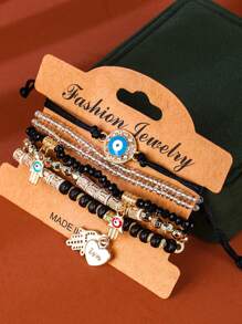 6pcs/Set Bohemian Multielem Pendant Bracelet With Evil Eye, Heart, Love Beads, Elegant & Graceful Gift For Women On Valentine's Day