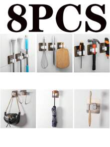 8入組/1入組免打孔拖把架，多功能微痕掛鉤，浴室掃帚掛架，廚房組織者，壁掛工具組織者，黏合式掃帚夾，適用於家居儲存，清潔工具和用品，宿舍必備物品 - 黑色 - 查看 8