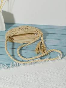 Mori Girl Hand-Woven Beach Fringe Cross-Body Straw Bag - Beige - View 4