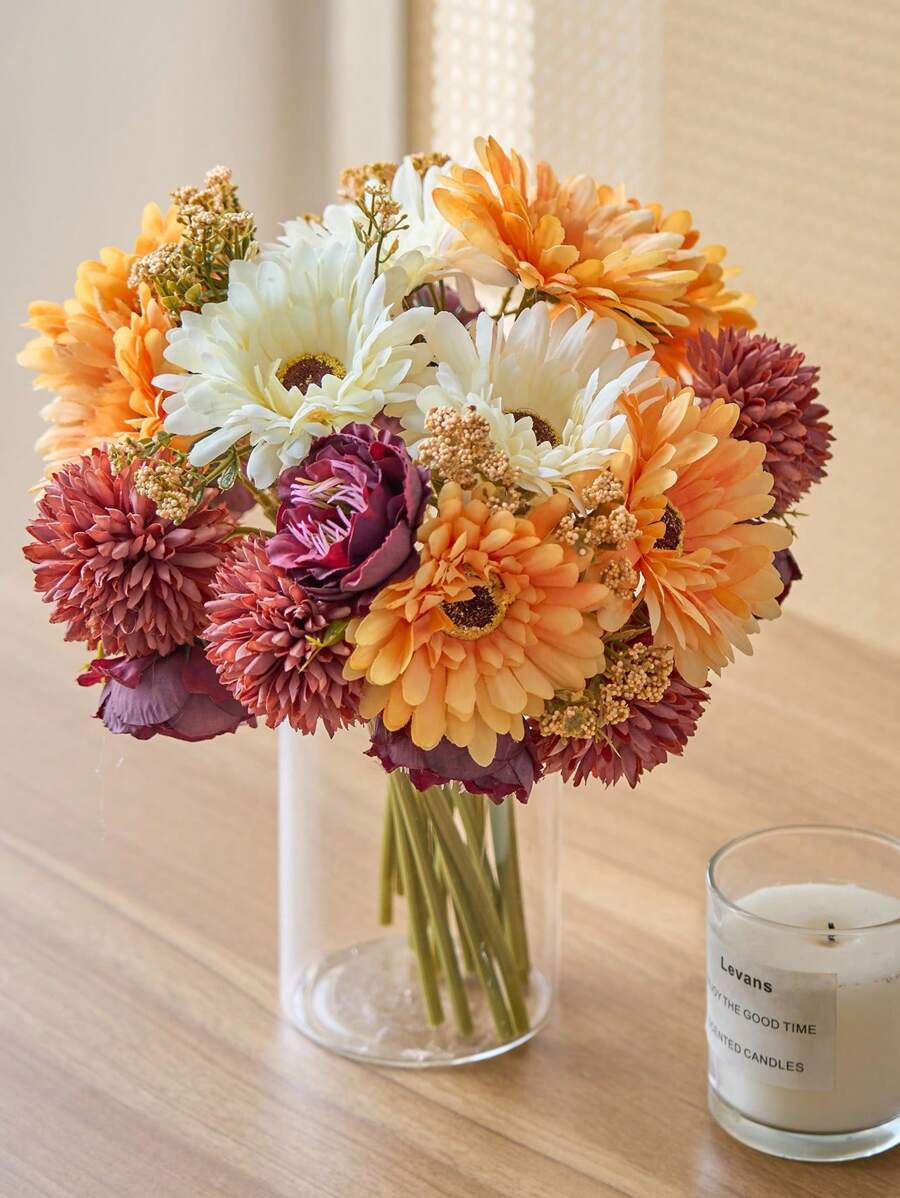 1 件/3 件人造花蒲公英牡丹雏菊仿丝绸花束婚礼新娘花束餐桌中心装饰家庭办公室、浴室农舍厨房餐桌装饰、情人节、礼物生日毕业、秋季装饰、秋季