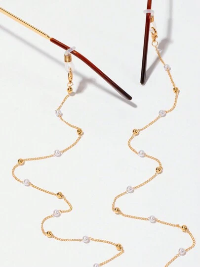 1pc Fashionable Elegant Faux Pearl Gold Ball Non-Slip Metal Eyeglass Chain, Can Be Hung On Fashion Glasses Frame, Ideal Gift