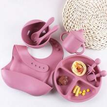 Set di stoviglie per bambini in silicone da 8 pezzi, include piatto da alimentazione, ciotola, bavaglino, ciuccio, tazza, cucchiaio, forchetta e set di cibo supplementare.