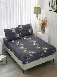 3pcs Polyester Brushed Fabric Bedding Set With Plant Print Including 1 Fitted Sheet And 2 Pillowcases (Pillow Cores Not Included) - Elegant Style - View 1