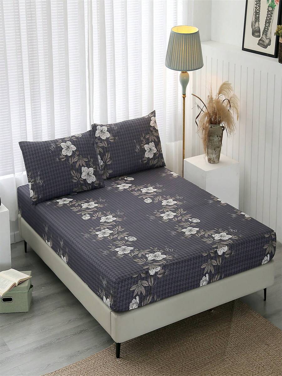 3pcs Polyester Brushed Fabric Bedding Set With Plant Print Including 1 Fitted Sheet And 2 Pillowcases (Pillow Cores Not Included) - Elegant Style - View 1