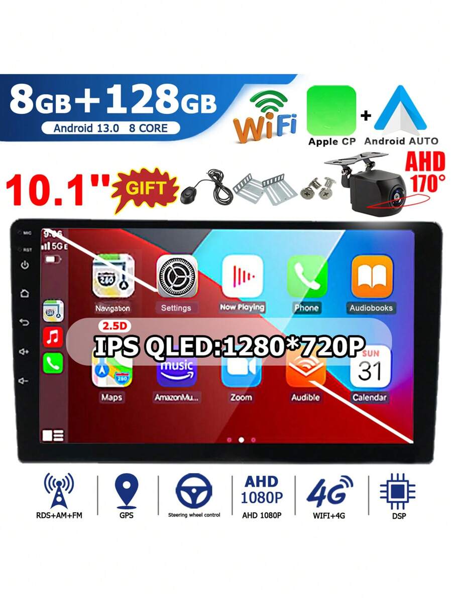 八核八GB+128GB，10.1英寸IPS高清1280*720P觸控屏幕，無線Apple Carplay和Android Auto，2-DIN Android 13車用收音機，通用多媒體視頻播放器，適用於日產現代豐田，2DIN Autoradio GPS導航音頻，FM / AM收音機，WIFI 4G LTE，包括AHD 170度魚眼車後視攝像頭