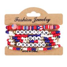 1set American Flag Soft Ceramic Beaded Bracelet, Red White And Blue Patriotic Independence Day Multilayers Wristband - Star - View 1