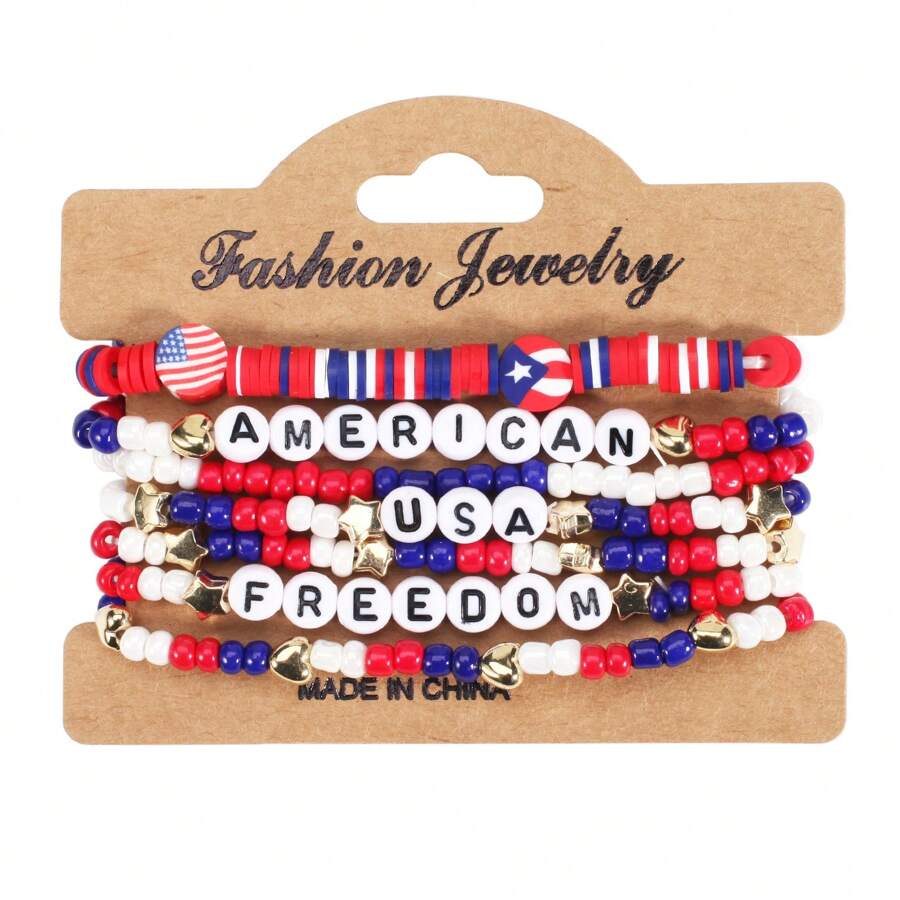 1set American Flag Soft Ceramic Beaded Bracelet, Red White And Blue Patriotic Independence Day Multilayers Wristband - Star - View 1