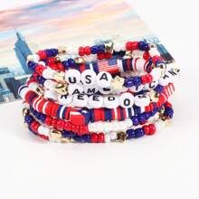 1set American Flag Soft Ceramic Beaded Bracelet, Red White And Blue Patriotic Independence Day Multilayers Wristband - Star - View 3