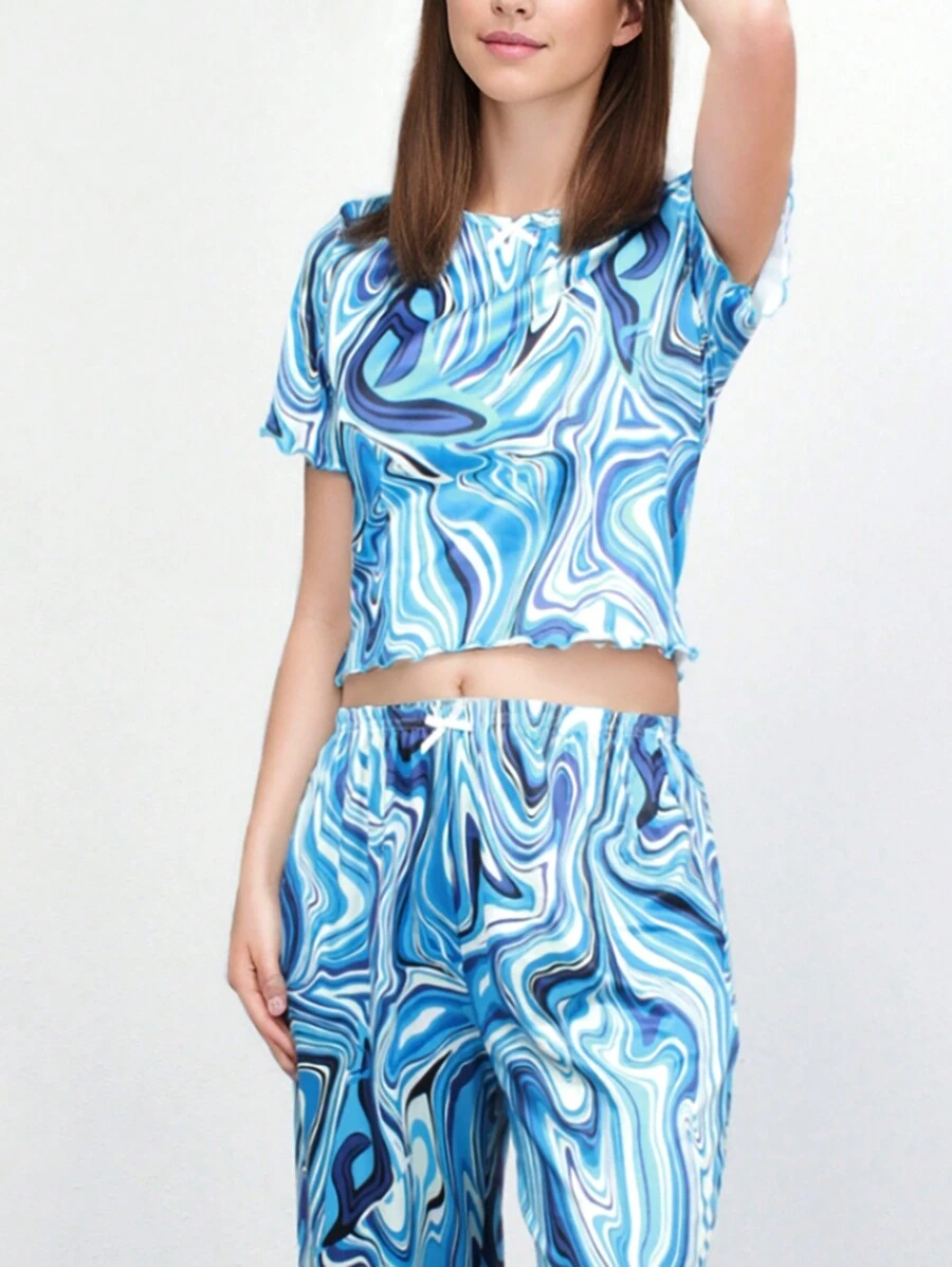 2pcs Women Light Green Knitted Printed Pajama Set, Slim Fit, Thin, Suitable For Home Use In Spring/Summer - Blue - View 1