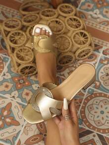 Ladies Crystal Embellished Mules Mid-Heeled Slip-On Sandals - Gold - View 2