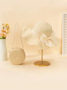 2pcs Beige Wave Pattern Fresh Style Bowknot Straw Hat And Woven Bag Set, Perfect For Beach Vacation - Beige - View 1