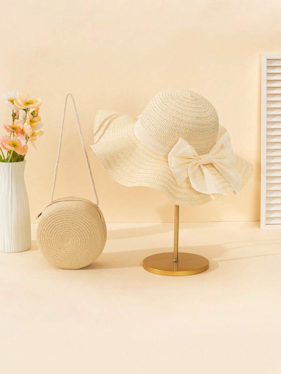 2pcs Beige Wave Pattern Fresh Style Bowknot Straw Hat And Woven Bag Set, Perfect For Beach Vacation - Beige - View 1